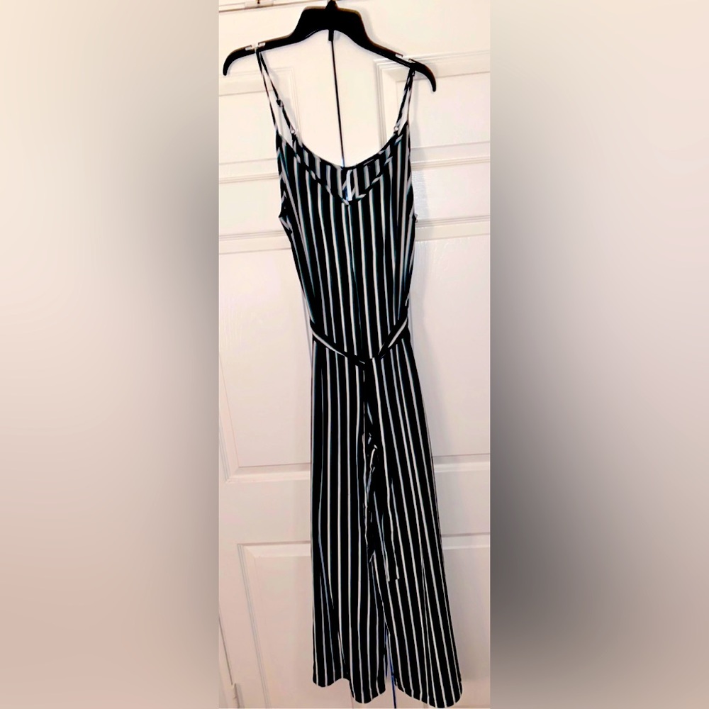Black, Green, and White Striped Jumpsuit with Pockets!